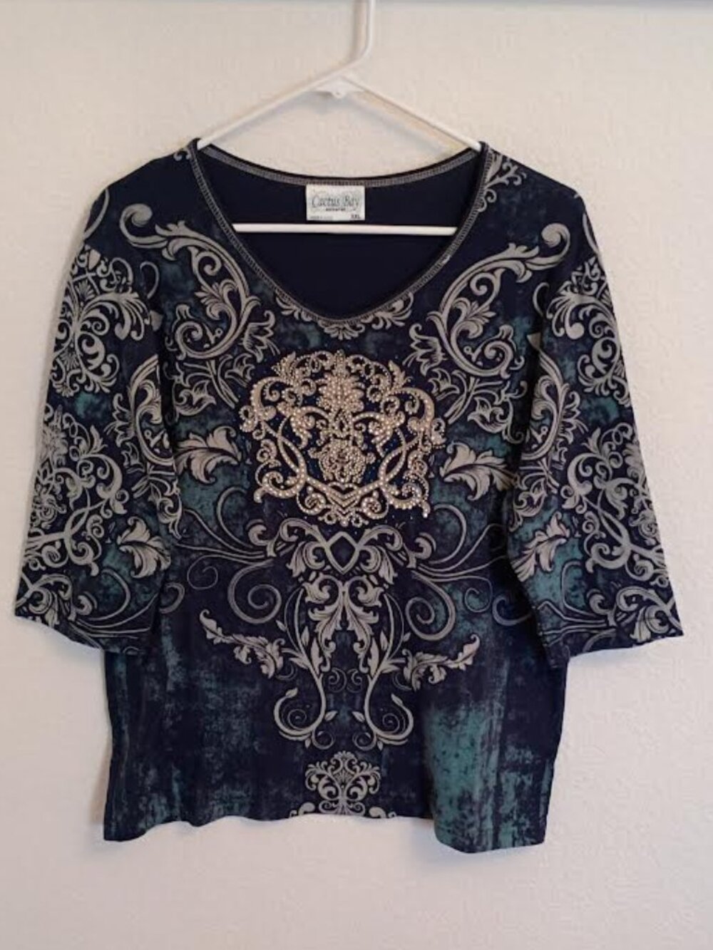 CACTUS BAY APPAREL WOMEN'S TOP BLUE 3/4 SLEEVE EMBELLISHED RHINESTONES SIZE XXL